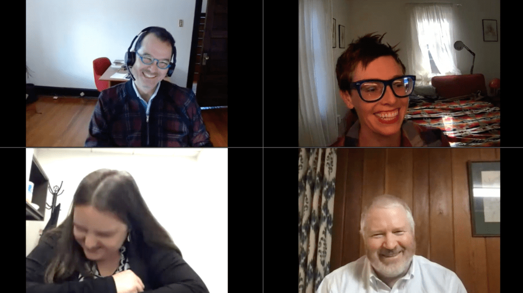 A screenshot of our webinar; on the left, Paulo (top) and Claire (bottom). On the right, Anna (top) and AW ED Mike McGinn (bottom). Everyone is laughing. 