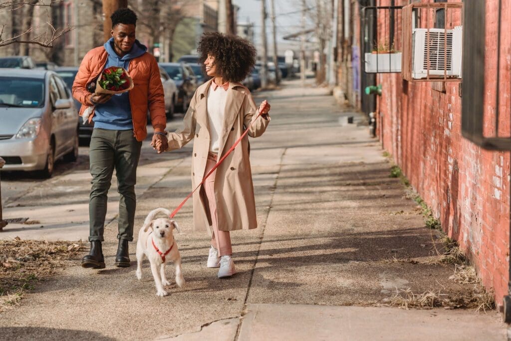 Two people walking on sidewalk with dog.