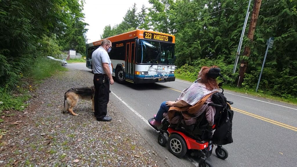 A woman in a wheelchair, a man with a dog wait for at a bus stop with no sidewalk