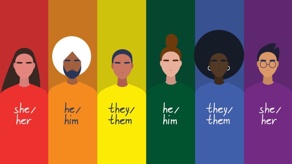 a cartoon graphic showing women and gender diverse people with their pronouns