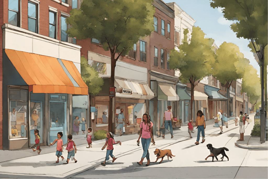 Street scene lined with shops. People walk unhurriedly through the space. The atmosphere feels convenient, safe and attractive. Walking is good for you and good for the planet.