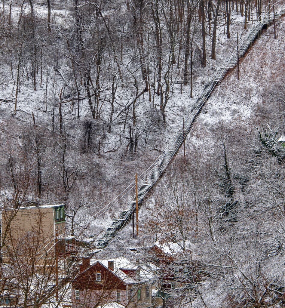 Stairs built into the side of a steep hill in Pittsburg, PA