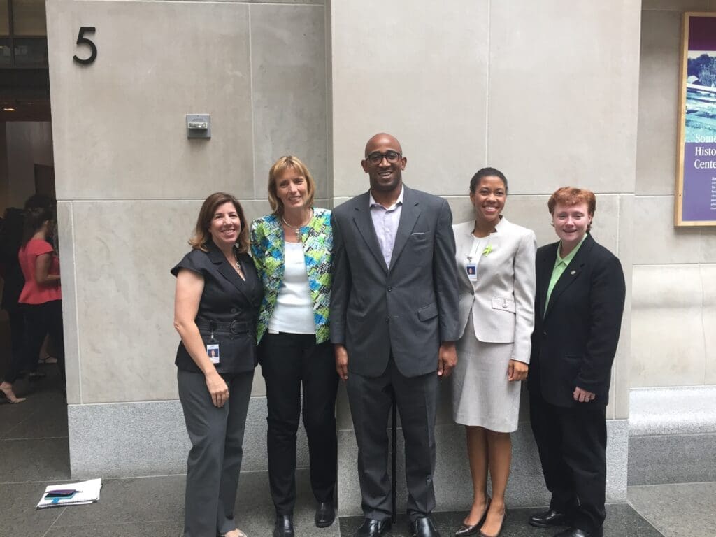 Pictured at the 2016
Pennsylvania State Collaborative
Workshop
on Walkable Communities, from
left to right: Leslie Richards
(PennDOT Secretary), Cindy
Dunn, (Dept. of Conservation and
Natural Resources Secretary),
Tony Payton, Jr., (Dept. of
Community and Economic
Development Deputy Secretary),
Dr. Loren Robinson (Dept. of
Health Deputy Secretary), and
Teresa Osborne (Dept. of Aging)