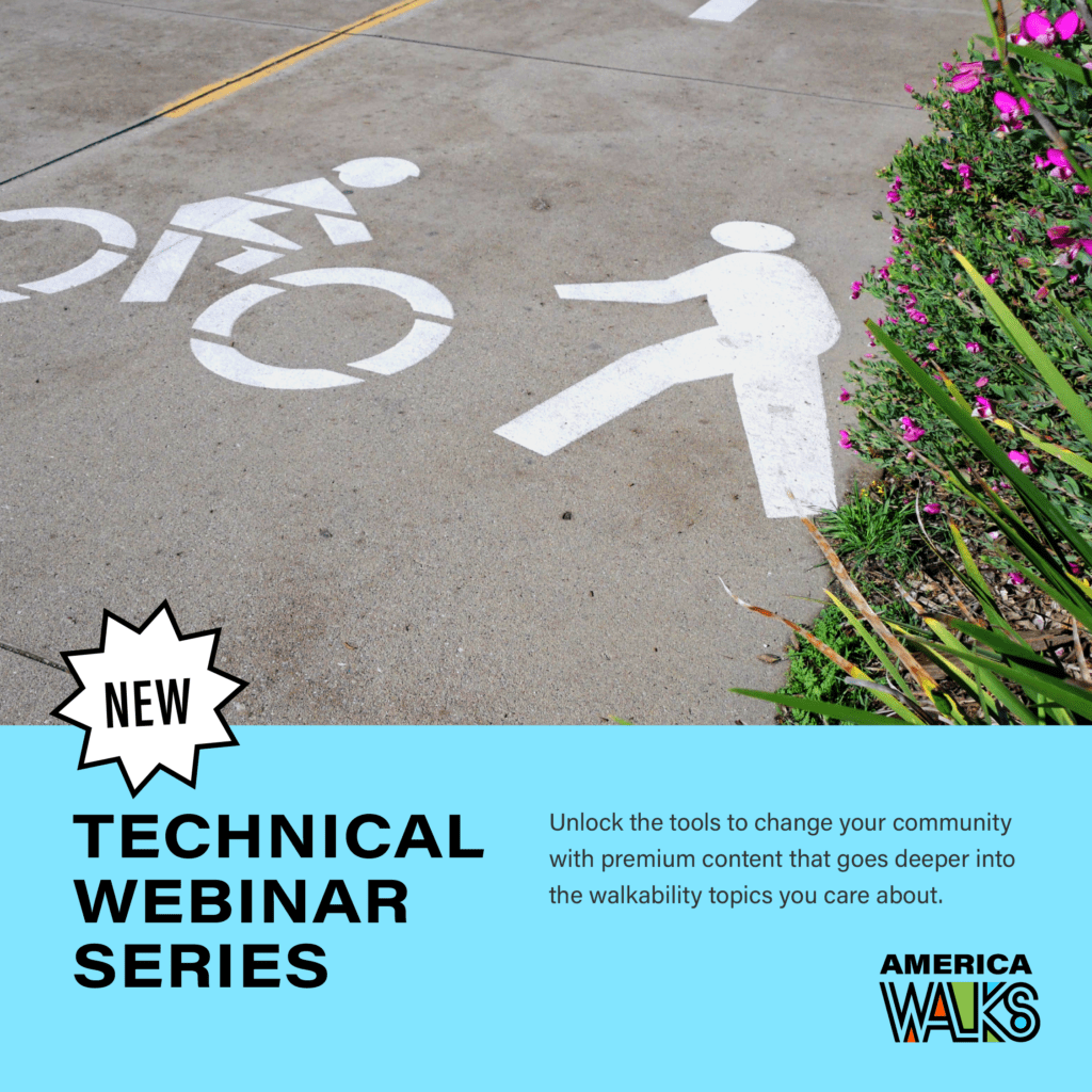 Technical series announcement displaying a stencil on the street of a bike and a person walking indicate space for nondrivers.