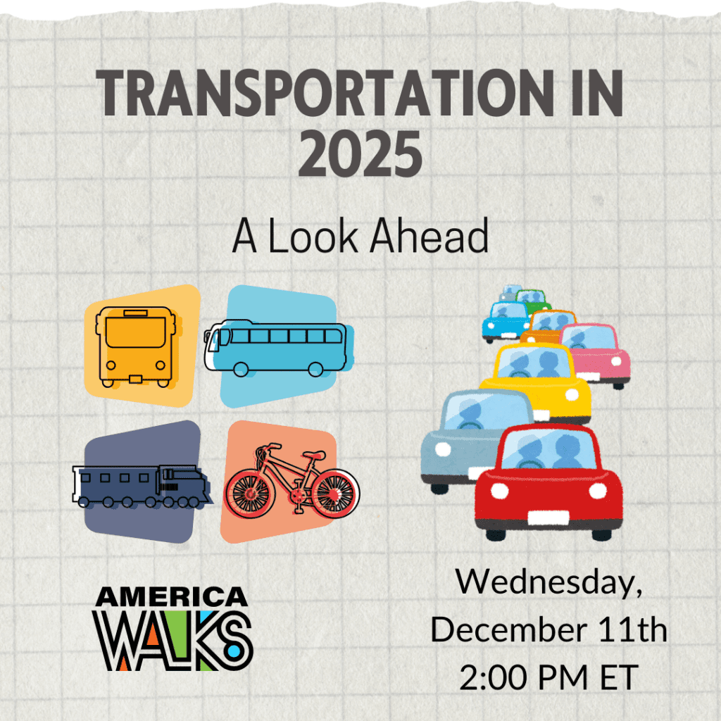 Graph paper background with bus and bike graphics and a cute little traffic jam. The webinar announcement is for Transportation in 2025 - A Look Ahead live on Wednesday, December 11th at 2:00 PM ET.