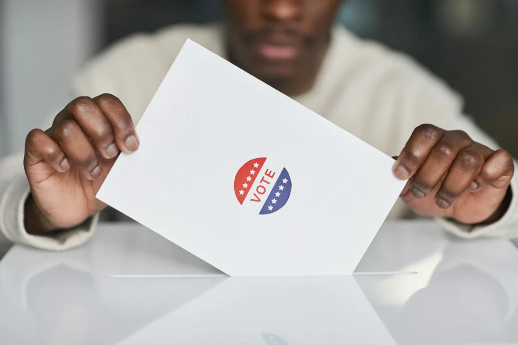 A close-up of a person holding a voting ballot with a red, white, and blue 'VOTE' emblem, ready to be placed into a ballot box.