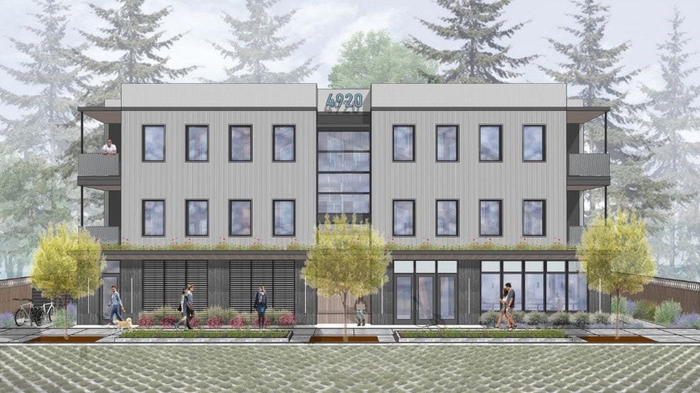 a small apartment building mock up with a sidewalk, trees, and a permeable street