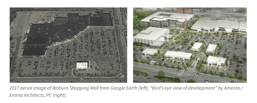 two images - the left image is a single story strip mall with a parking lot greater than the size of the shopping area. the right image has less parking, trees, multi-story buildings and is used for housing and shopping